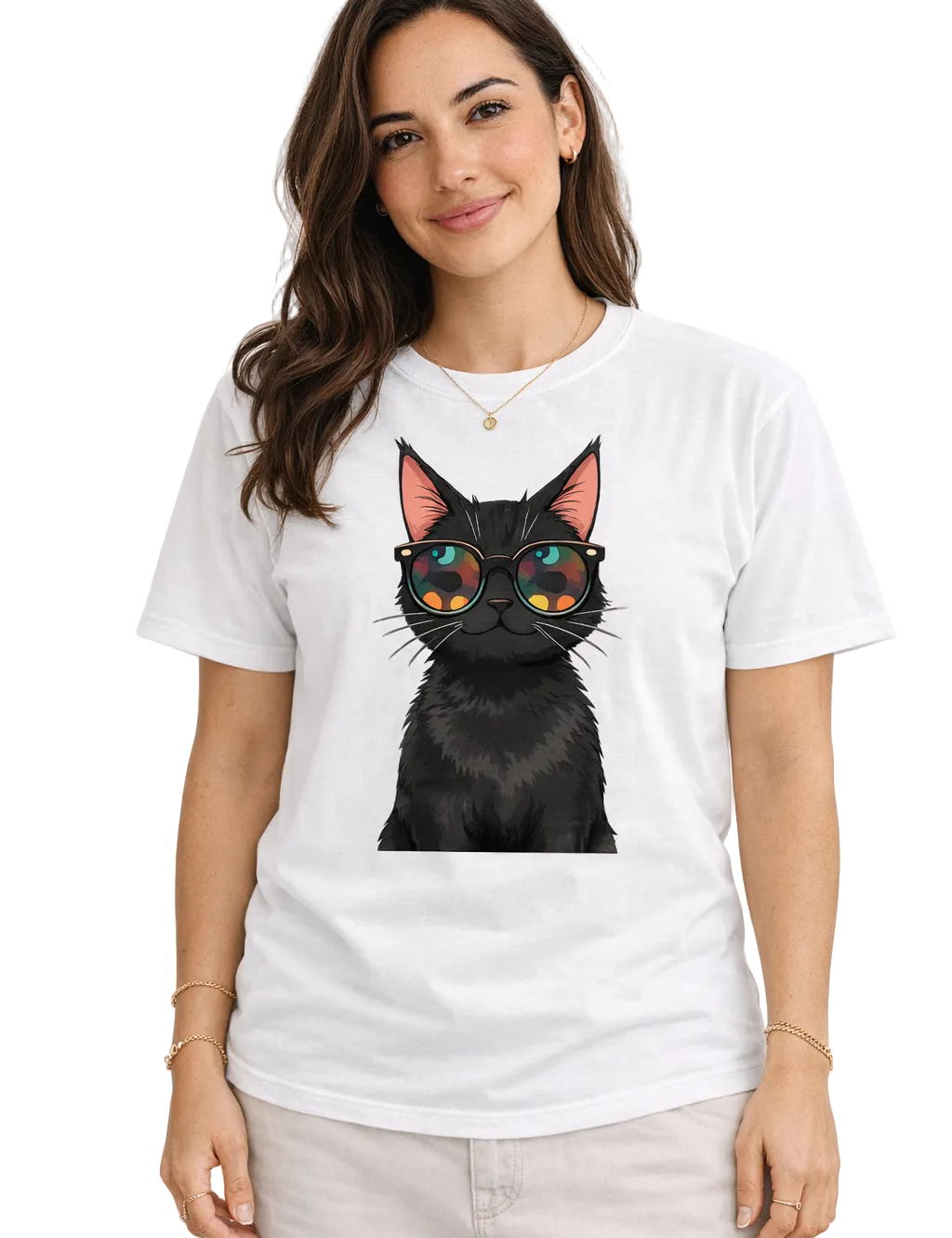 Woman wearing a white t-shirt with a black cat graphic and sunglasses on a white background