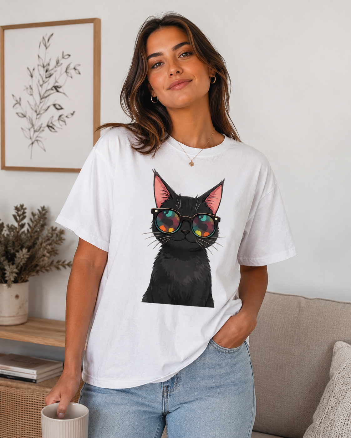 Woman wearing a white t-shirt with a black cat graphic in colorful glasses design, standing in a living room.