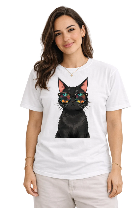 Woman wearing a white t-shirt with a black cat graphic and sunglasses on a white background