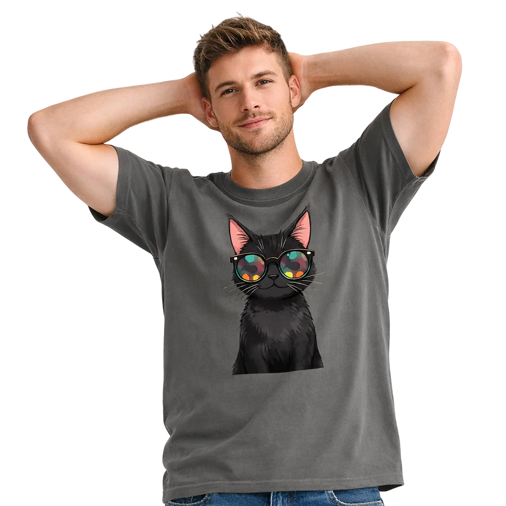 Man wearing a gray t-shirt with a black cat graphic and sunglasses on a white background