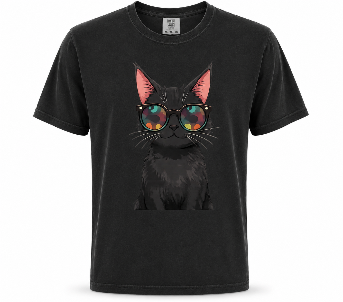 Black t-shirt with a graphic of a cat wearing sunglasses on a white background
