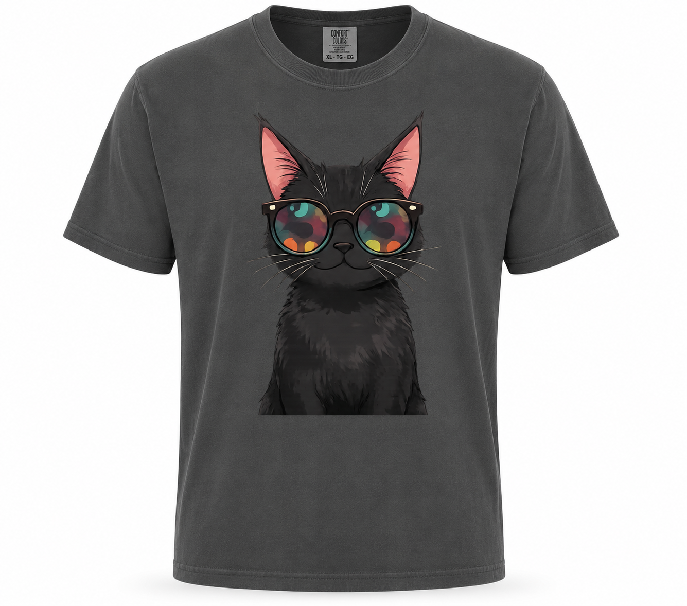 Black t-shirt with a graphic of a black cat wearing colorful glasses on a white background