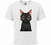 White t-shirt with a black cat graphic wearing sunglasses on a white background