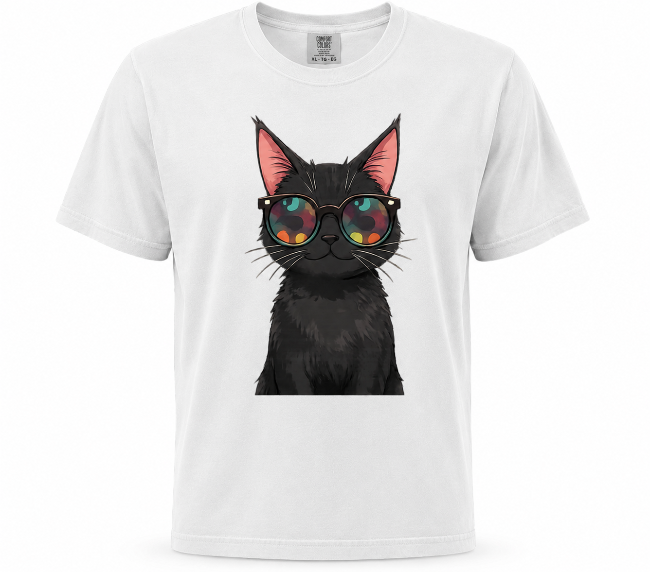 White t-shirt with a black cat graphic wearing sunglasses on a white background