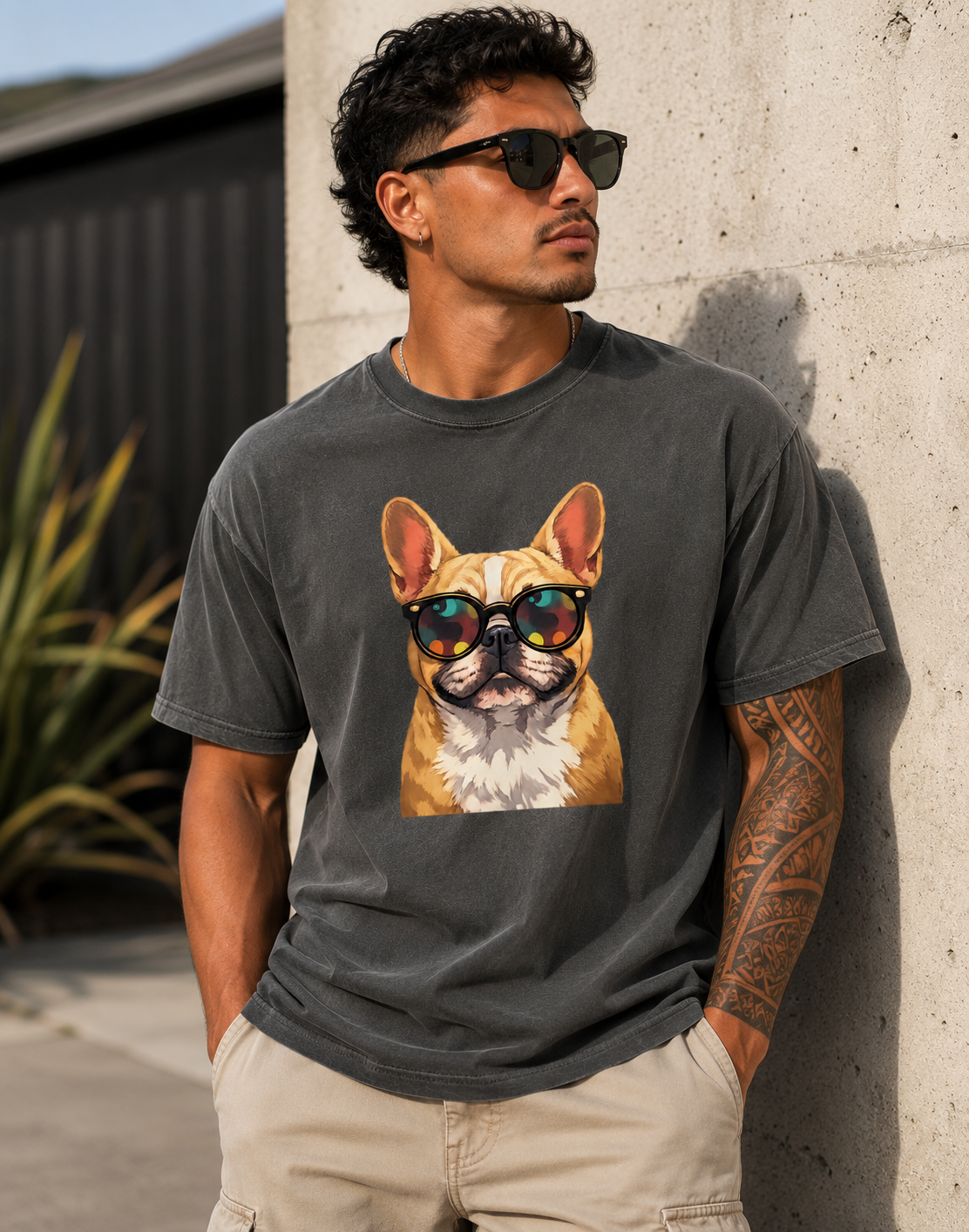 Man wearing a t-shirt with a dog graphic and sunglasses against a concrete wall.