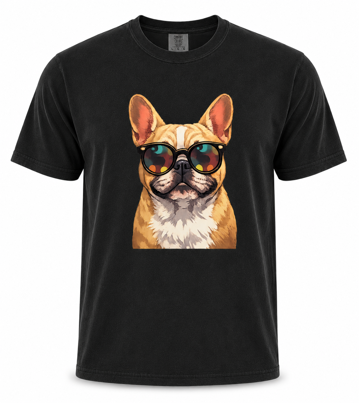 Black t-shirt with a dog wearing sunglasses graphic on a white background