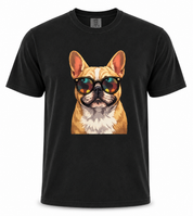 Black t-shirt with a dog wearing sunglasses graphic on a white background