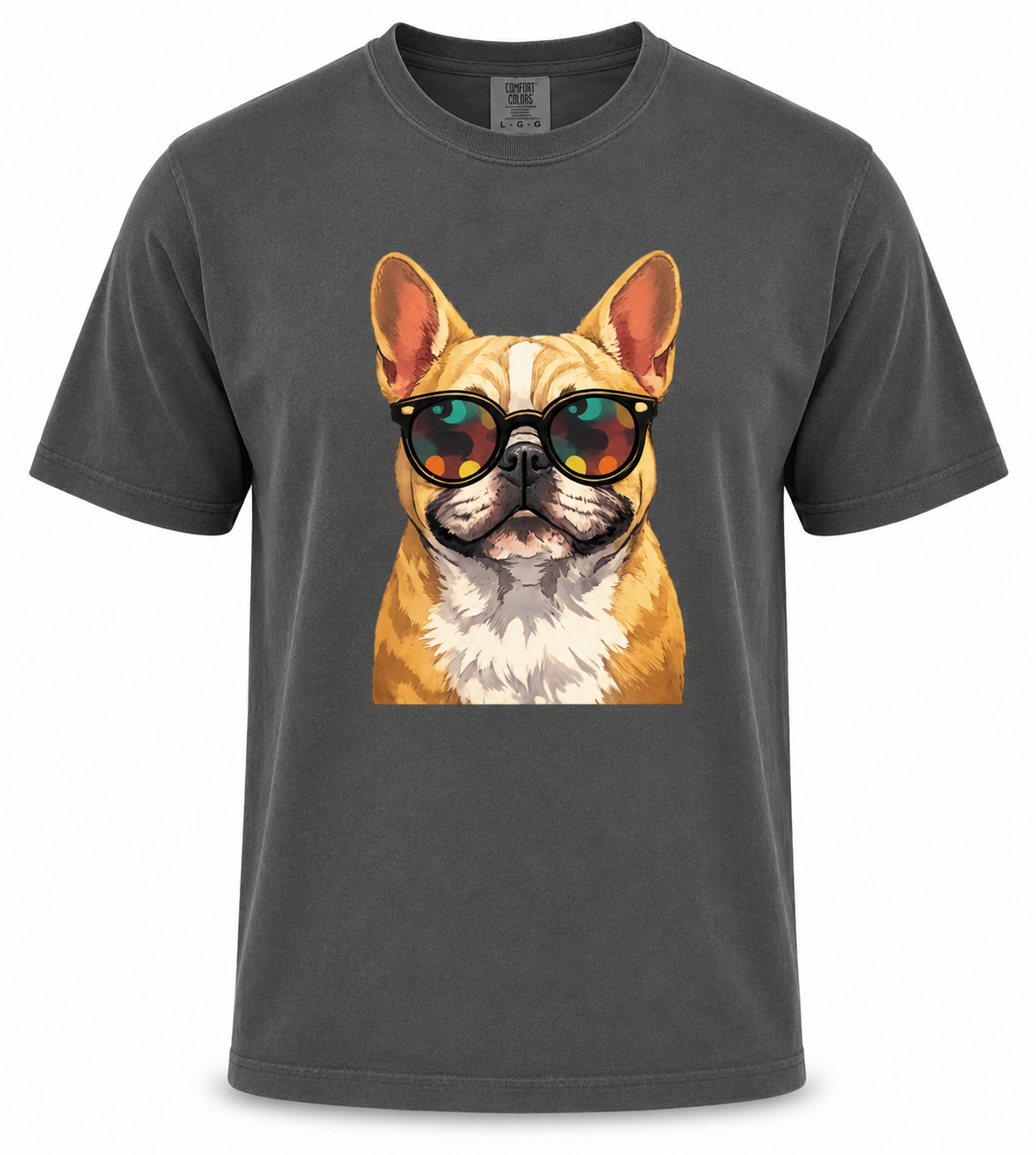 Gray t-shirt with a dog wearing sunglasses graphic on a white background