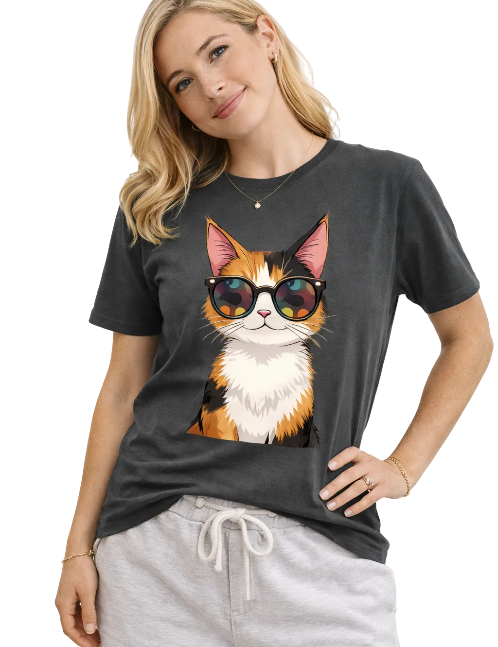 Woman wearing a black t-shirt with a cat graphic design on a white background
