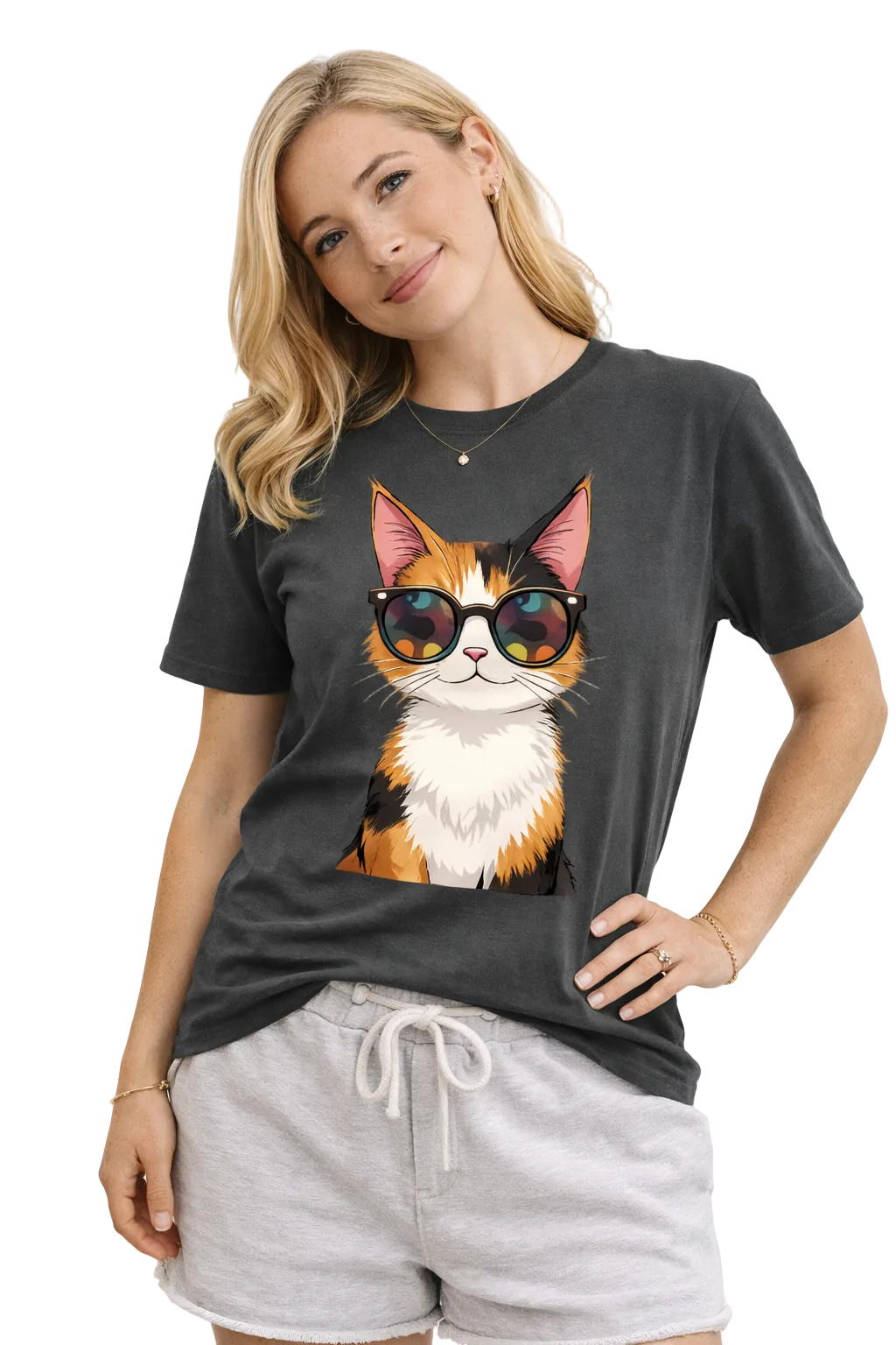 Woman wearing a black t-shirt with a cat graphic design on a white background