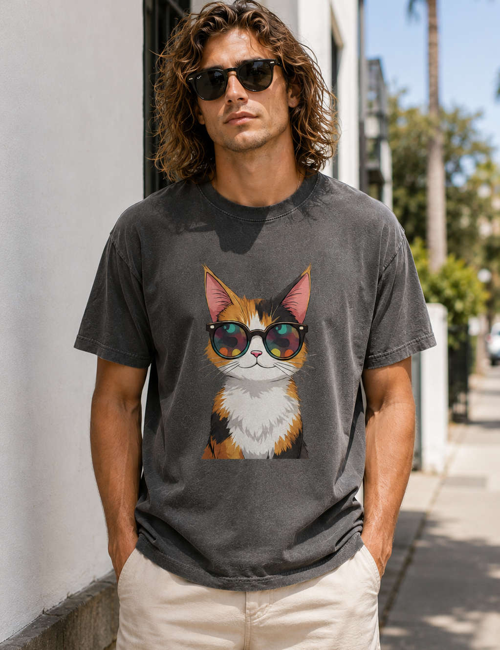 Man wearing a t-shirt with a cat graphic in sunglasses on a city street.