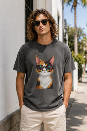 Man wearing a t-shirt with a cat graphic in sunglasses on a city street.