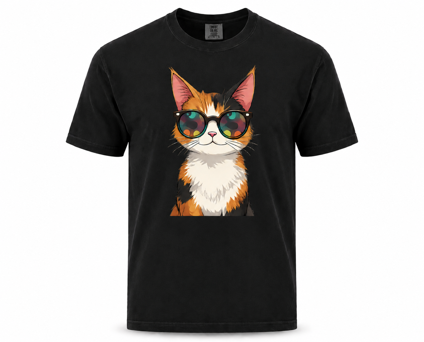 Black t-shirt with a colorful cat graphic wearing sunglasses on a white background