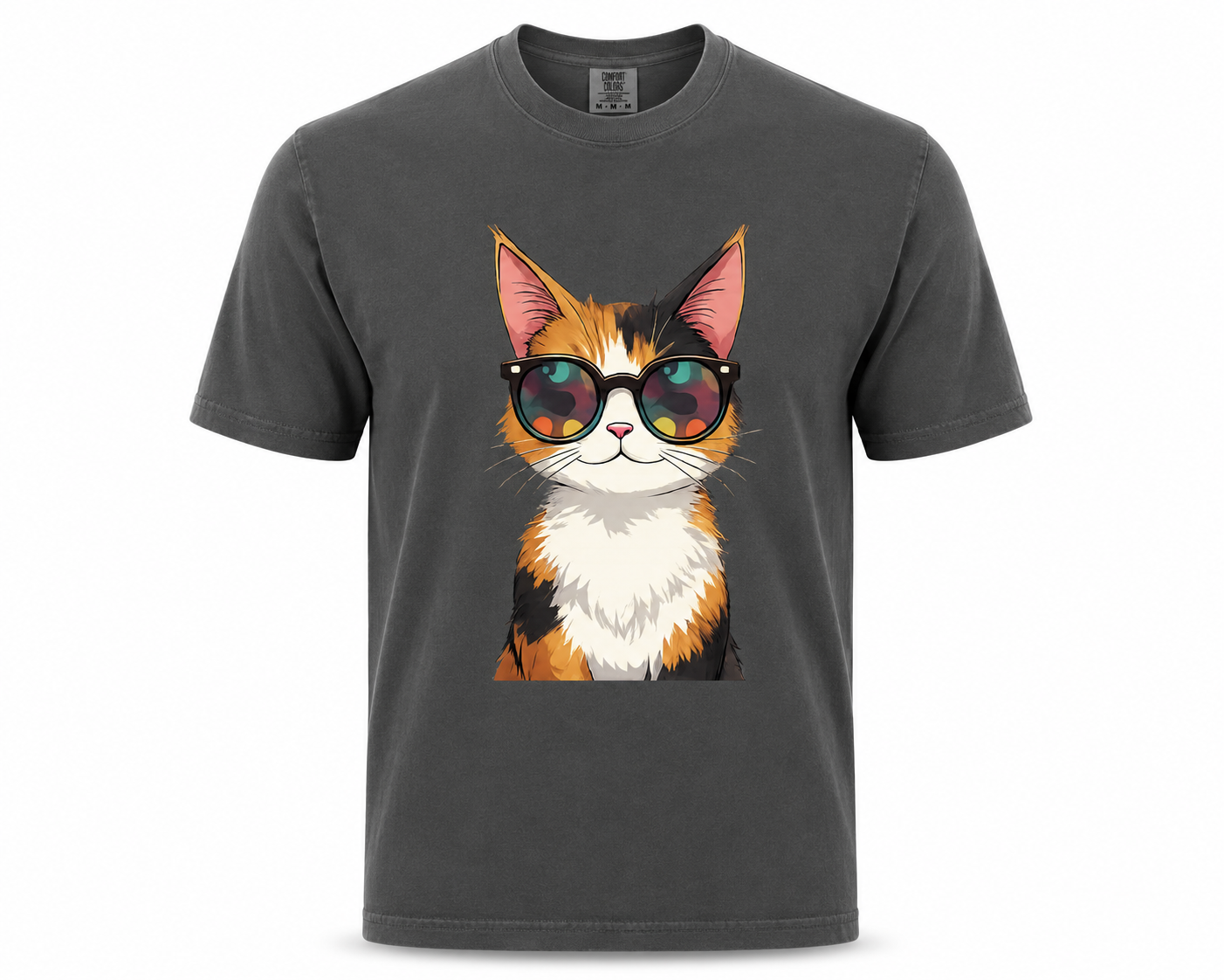 Gray t-shirt with a cat wearing sunglasses graphic on a white background