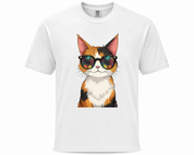 White t-shirt with a colorful cat graphic wearing sunglasses on a white background