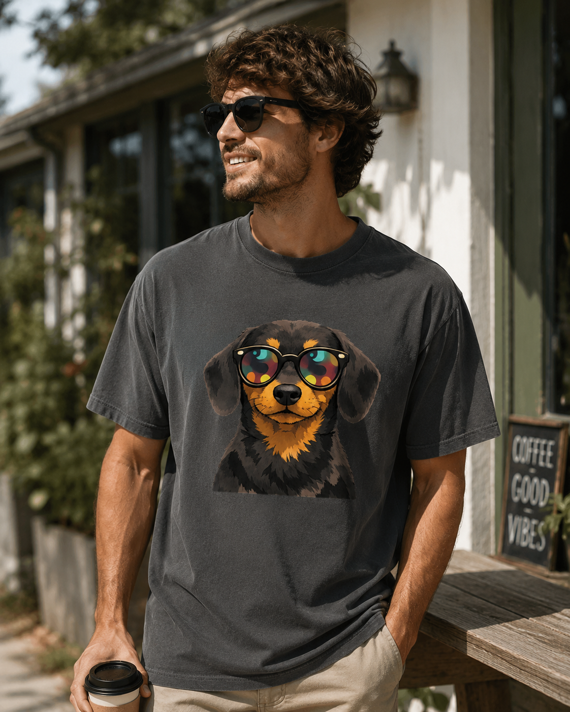 Man wearing a t-shirt with a dachshund graphic wearing sunglasses outdoors.
