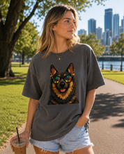 Woman wearing a t-shirt with a dog graphic in a park with a city skyline in the background