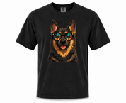 Black t-shirt with a dog wearing sunglasses graphic on a white background