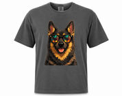 Gray t-shirt with a dog wearing sunglasses graphic on a white background
