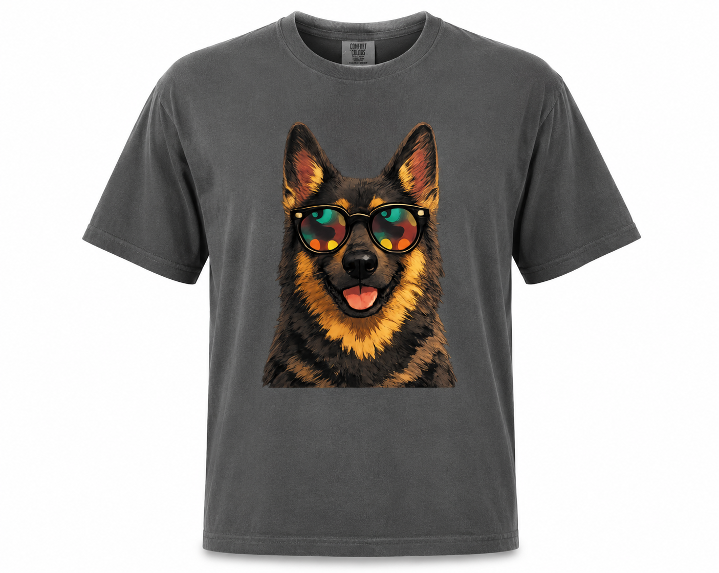 Gray t-shirt with a dog wearing sunglasses graphic on a white background