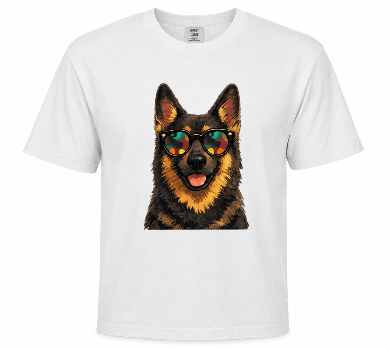 White t-shirt with a dog wearing sunglasses graphic on a white background