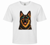 White t-shirt with a dog wearing sunglasses graphic on a white background