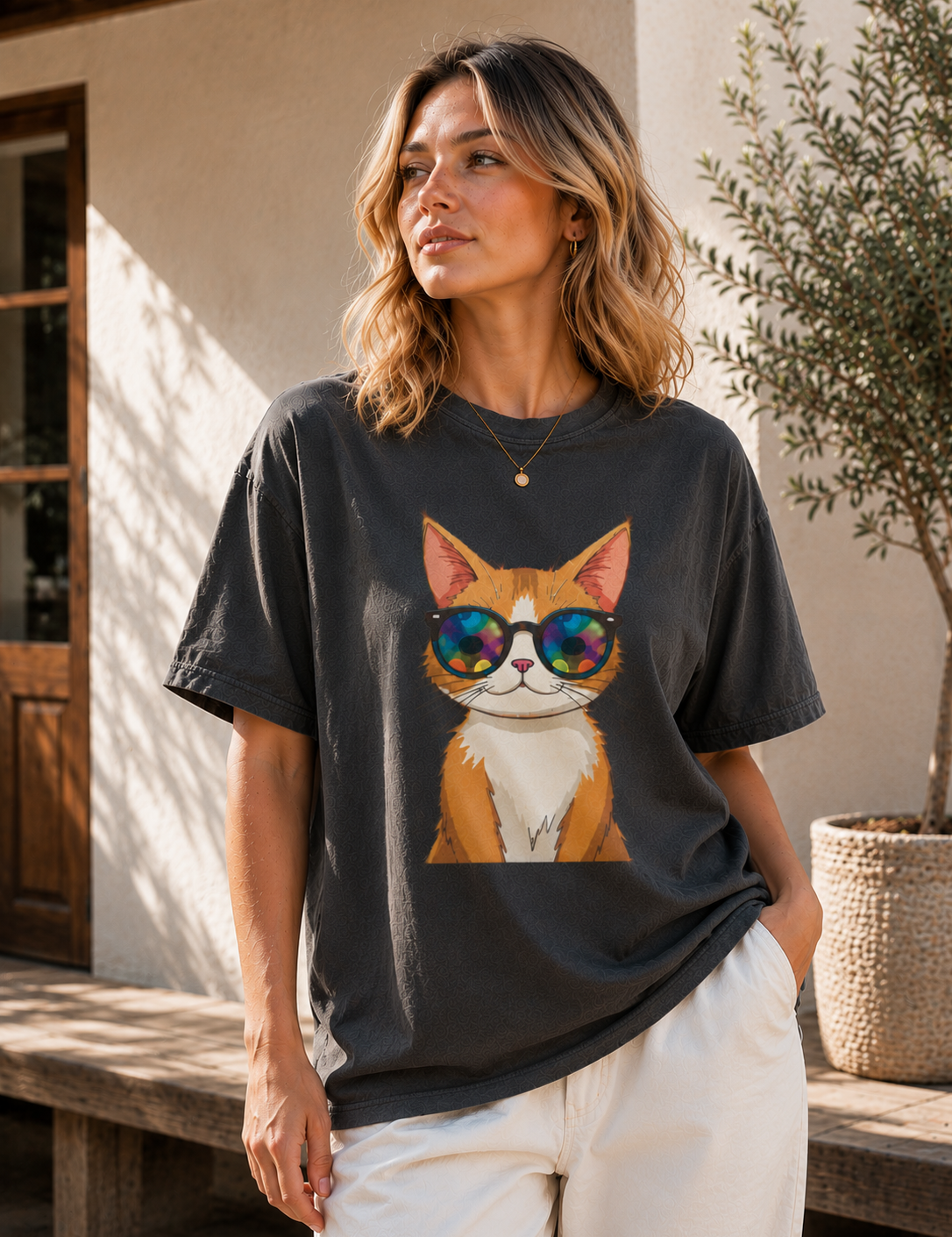 Woman wearing a black t-shirt with a cat graphic design outdoors.