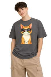 Person wearing a dark gray t-shirt with a cat graphic design on a white background