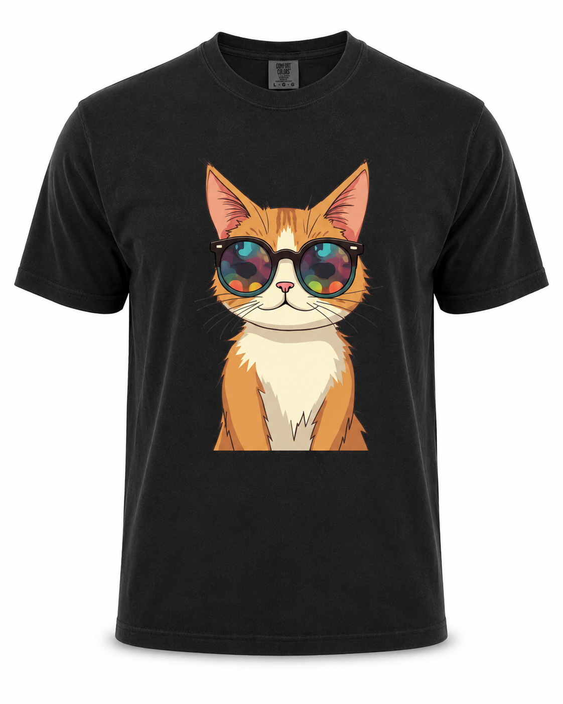 Black t-shirt with a cat wearing sunglasses graphic on a white background