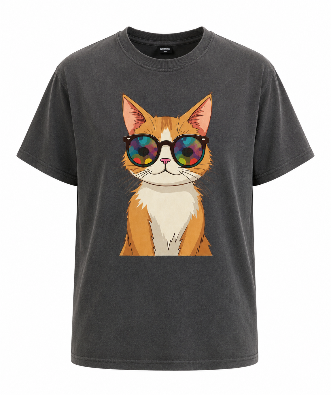 Gray t-shirt with a cat wearing colorful sunglasses graphic on a white background