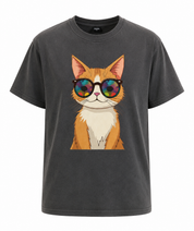 Gray t-shirt with a cat wearing colorful sunglasses graphic on a white background