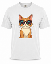 White t-shirt with a cat wearing sunglasses graphic on a white background