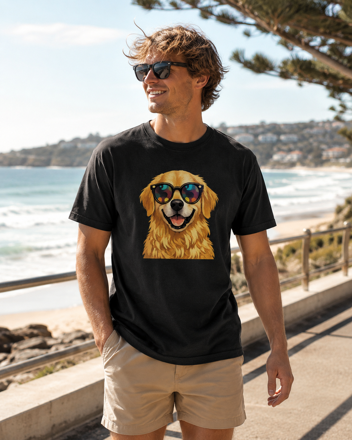 Man wearing a black t-shirt with a dog graphic on a beach