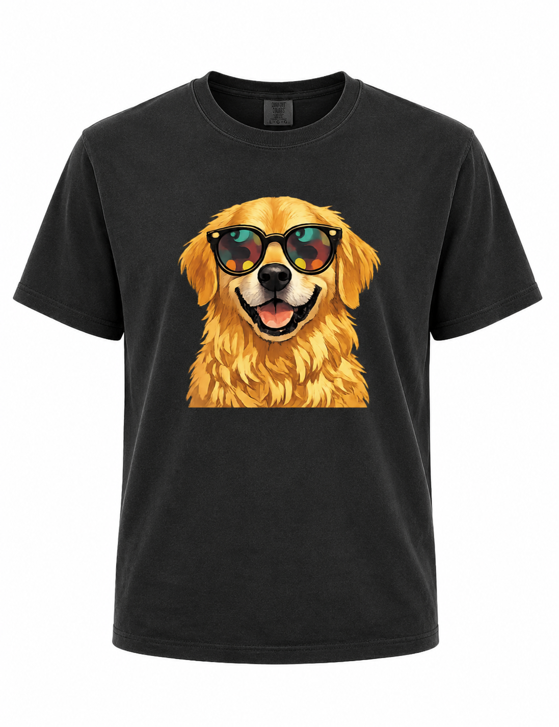Black t-shirt with a graphic of a dog wearing sunglasses on a white background