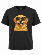 Black t-shirt with a graphic of a dog wearing sunglasses on a white background