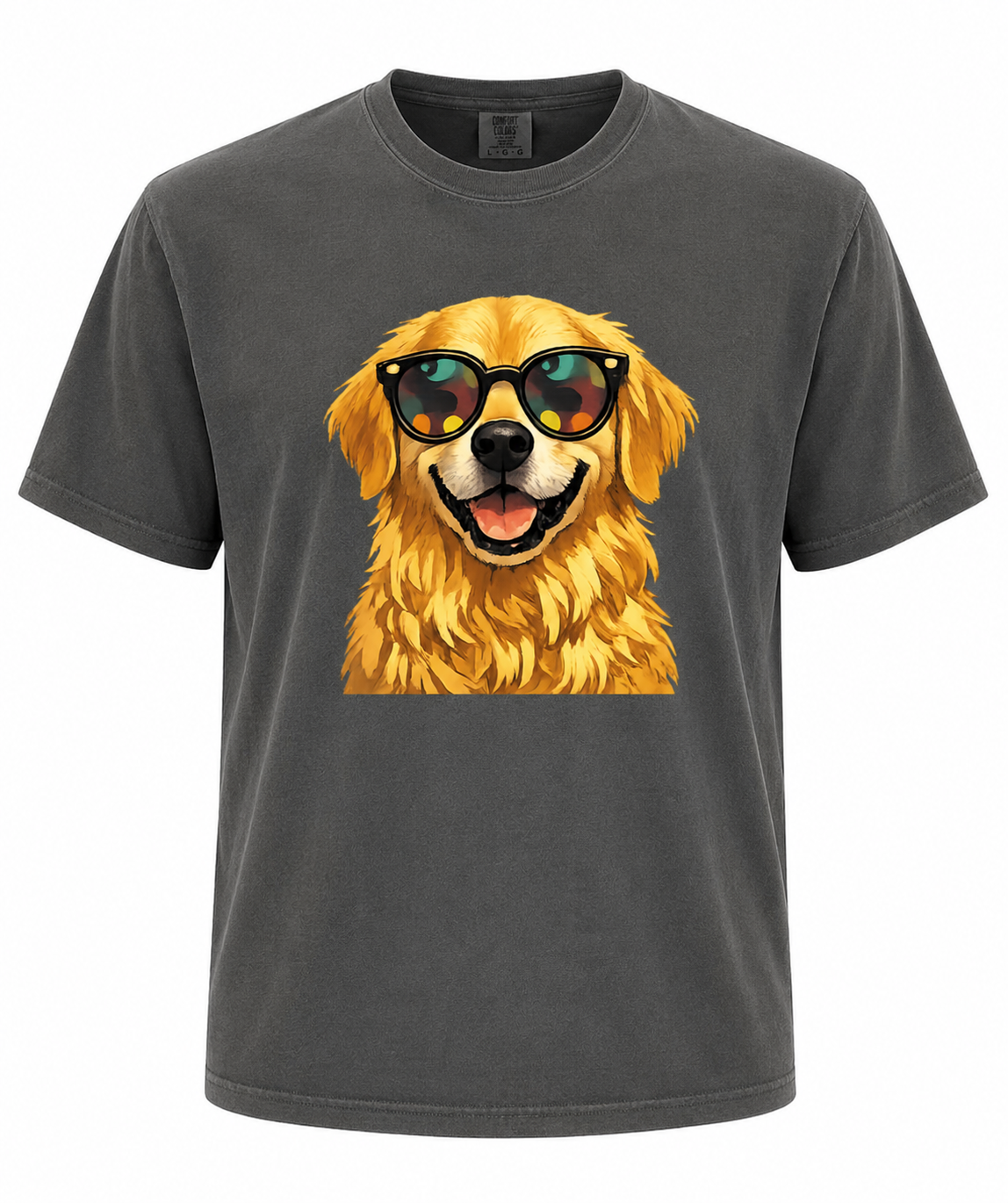 Gray t-shirt with a graphic of a dog wearing sunglasses on a white background
