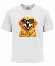 White t-shirt with a graphic of a dog wearing sunglasses on a white background