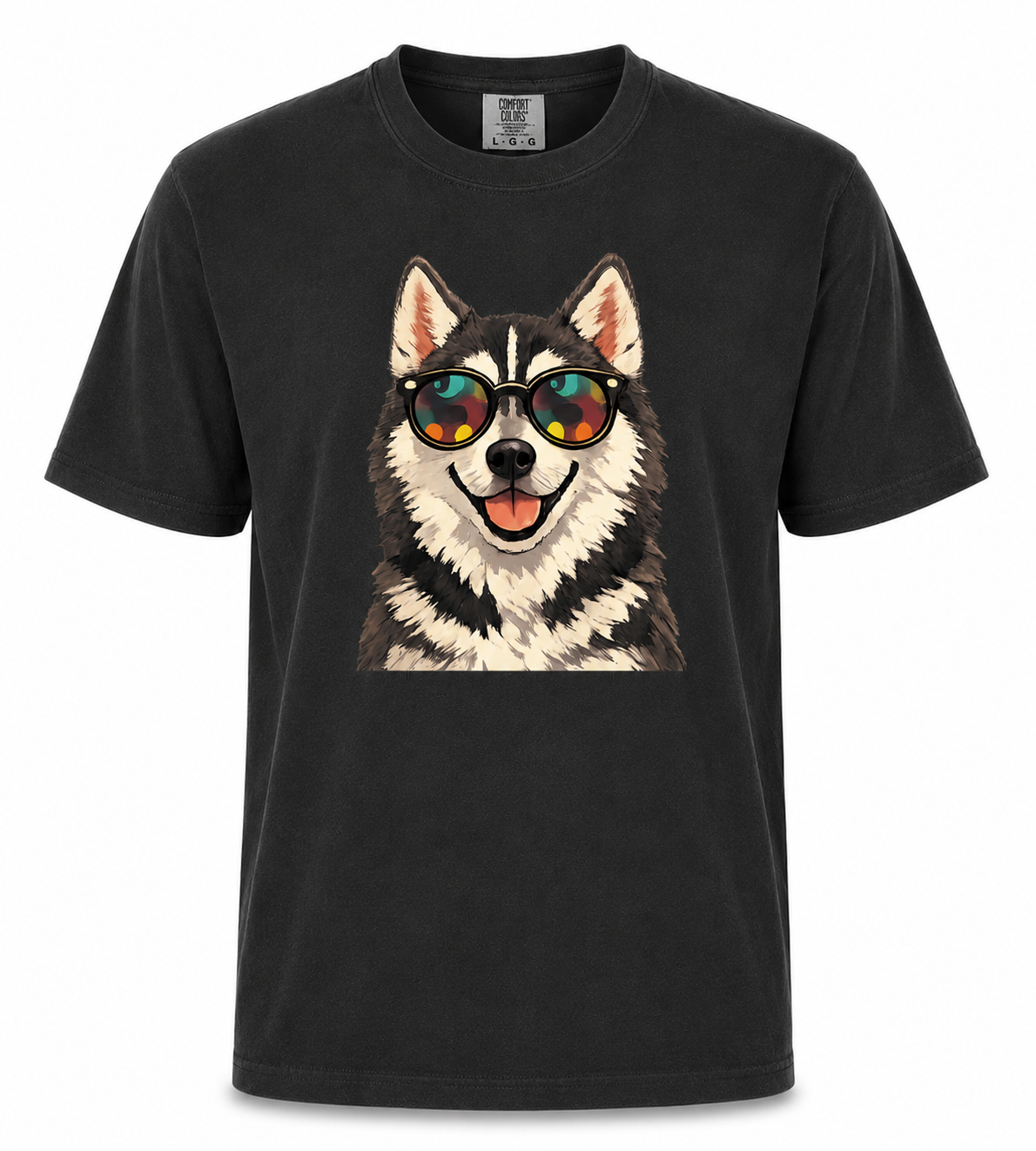 Black t-shirt with a dog wearing sunglasses graphic on a white background