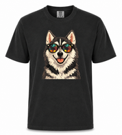 Black t-shirt with a dog wearing sunglasses graphic on a white background