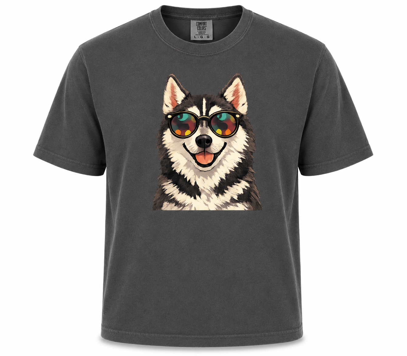 Gray t-shirt with a dog wearing sunglasses graphic on a white background
