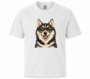White t-shirt with a dog graphic wearing sunglasses on a white background