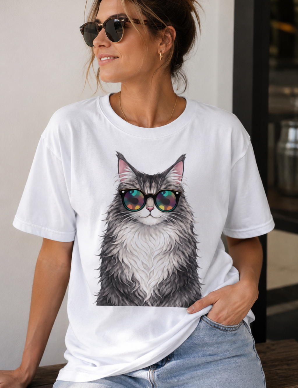 Woman wearing a white t-shirt with a cat graphic design, sitting indoors.
