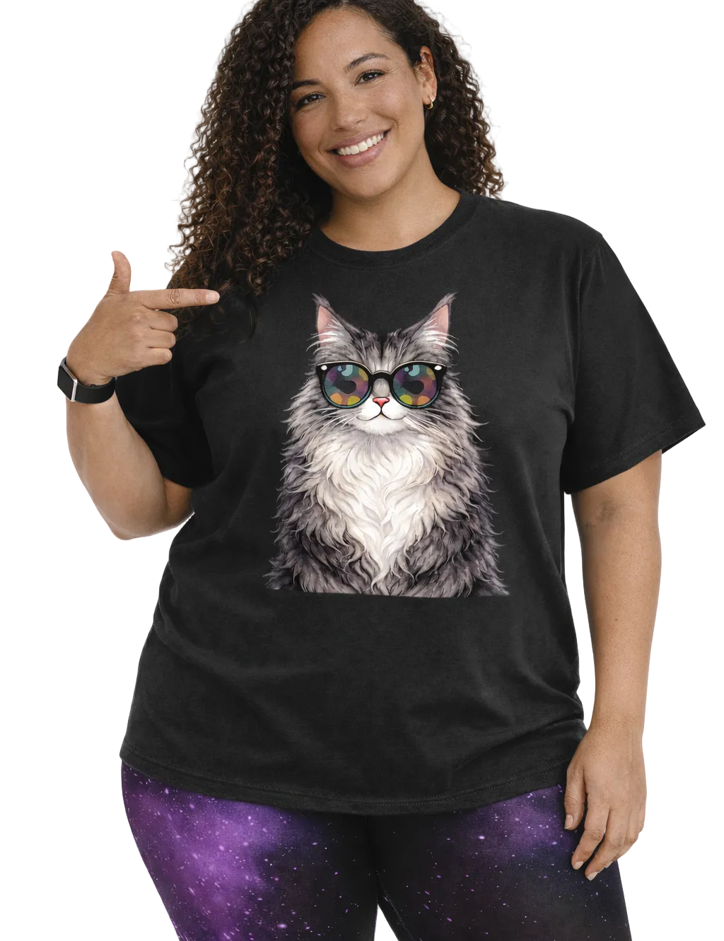 Woman wearing a black t-shirt with a cat graphic, pointing to the shirt.