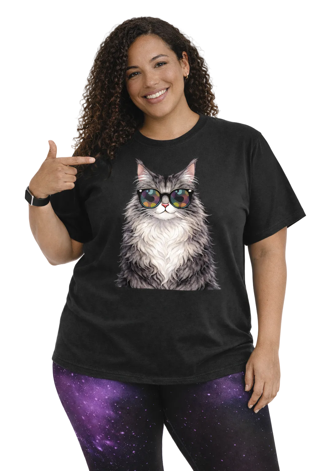 Woman wearing a black t-shirt with a cat graphic, pointing to the shirt.