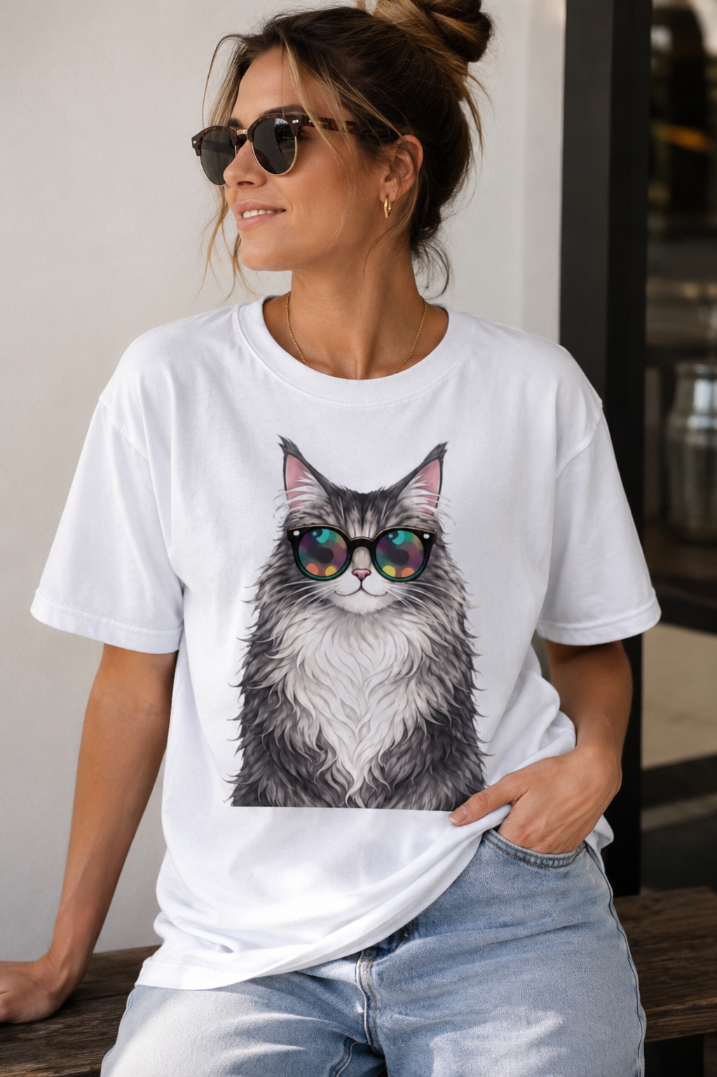 Woman wearing a white t-shirt with a cat graphic design, sitting indoors.