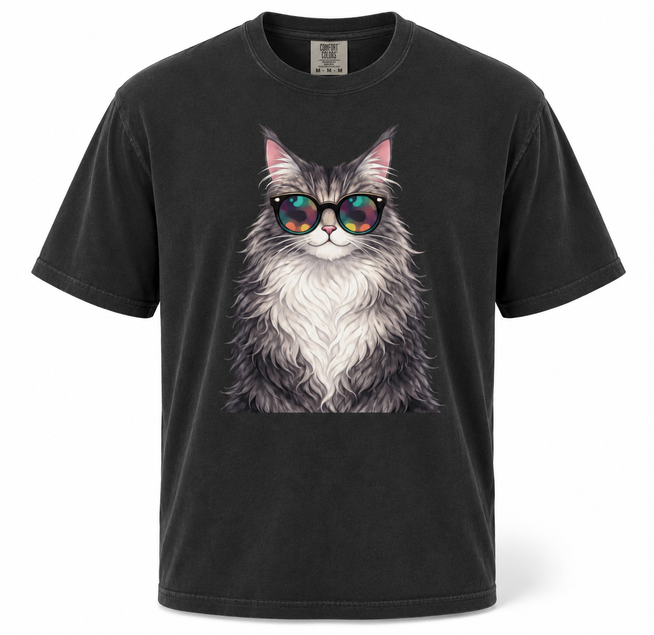 Black t-shirt with a cat wearing sunglasses graphic on a white background