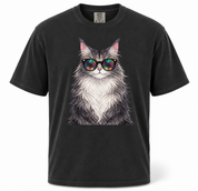 Black t-shirt with a cat wearing sunglasses graphic on a white background