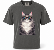 Gray t-shirt with a cat wearing sunglasses graphic on a white background
