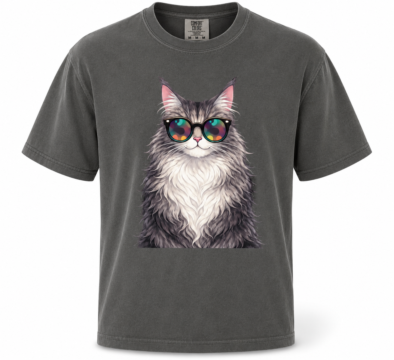 Gray t-shirt with a cat wearing sunglasses graphic on a white background