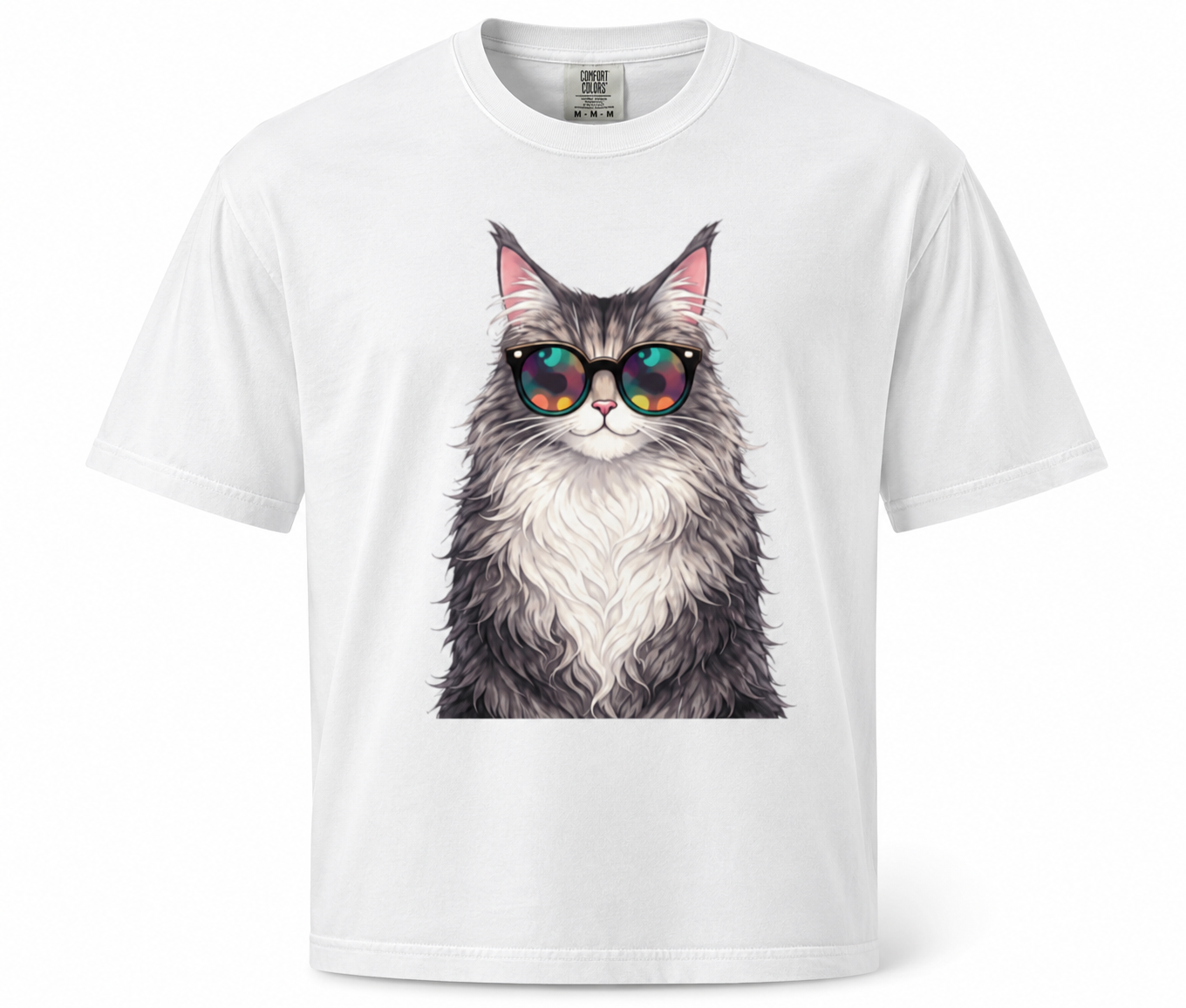 White t-shirt with a cat wearing sunglasses graphic on a white background